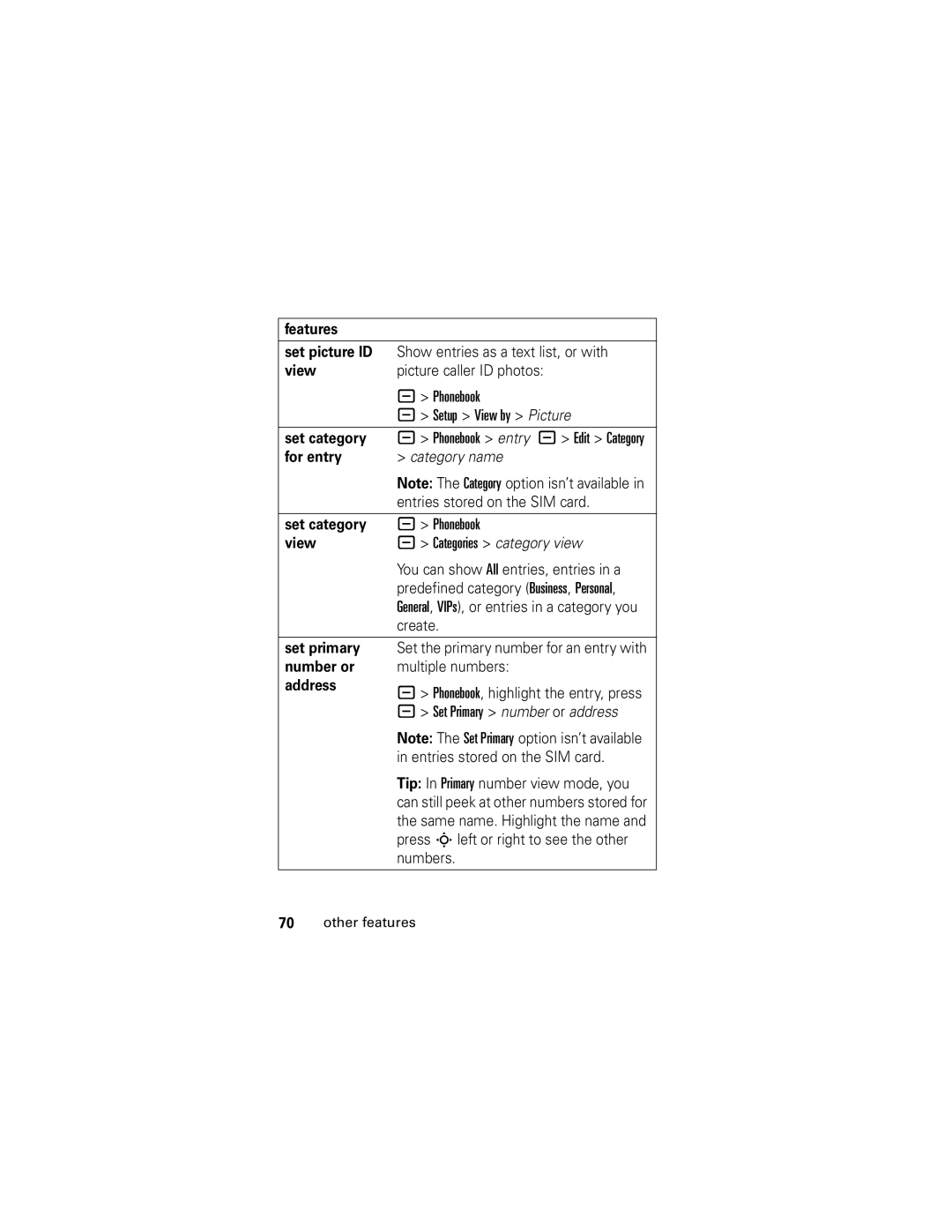 Motorola slvr v8 manual Features Set picture ID, View, Set category, Set primary, Number or, Address 