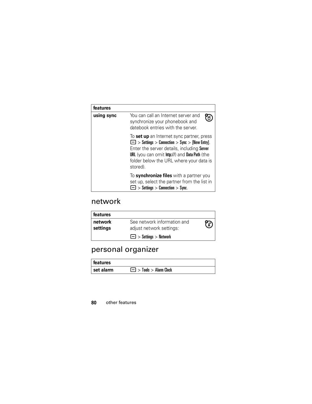 Motorola slvr v8 manual Personal organizer, Features Network, Settings Adjust network settings Settings Network 