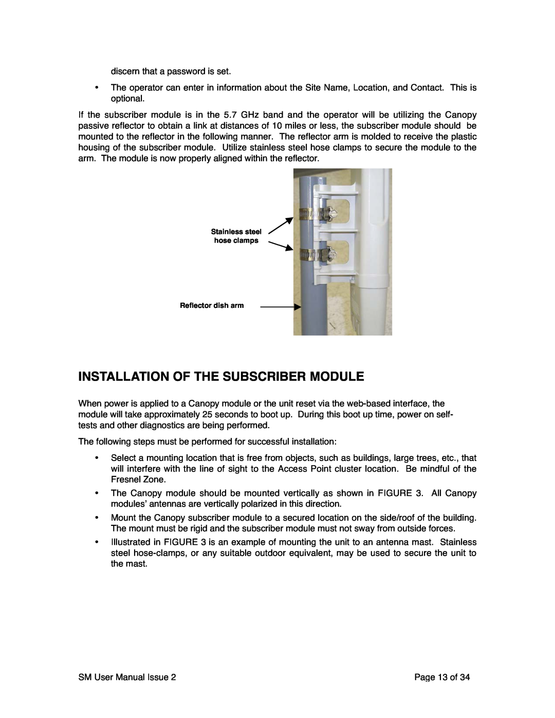 Motorola SM02-UG-en user manual Installation Of The Subscriber Module, Reflector dish arm 