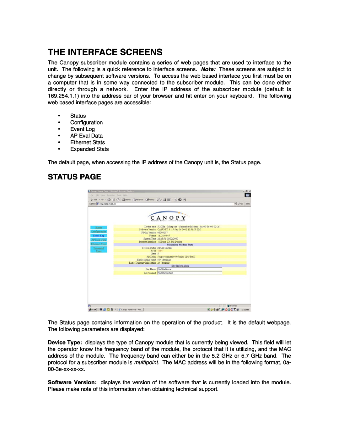 Motorola SM02-UG-en user manual The Interface Screens, Status Page 