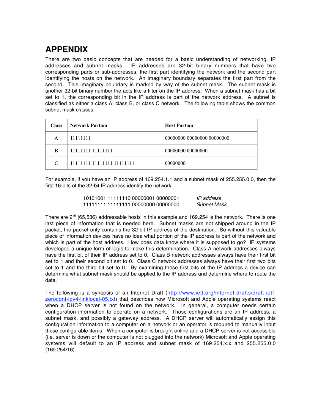 Motorola SM02-UG-en user manual Appendix, Class Network Portion Host Portion 