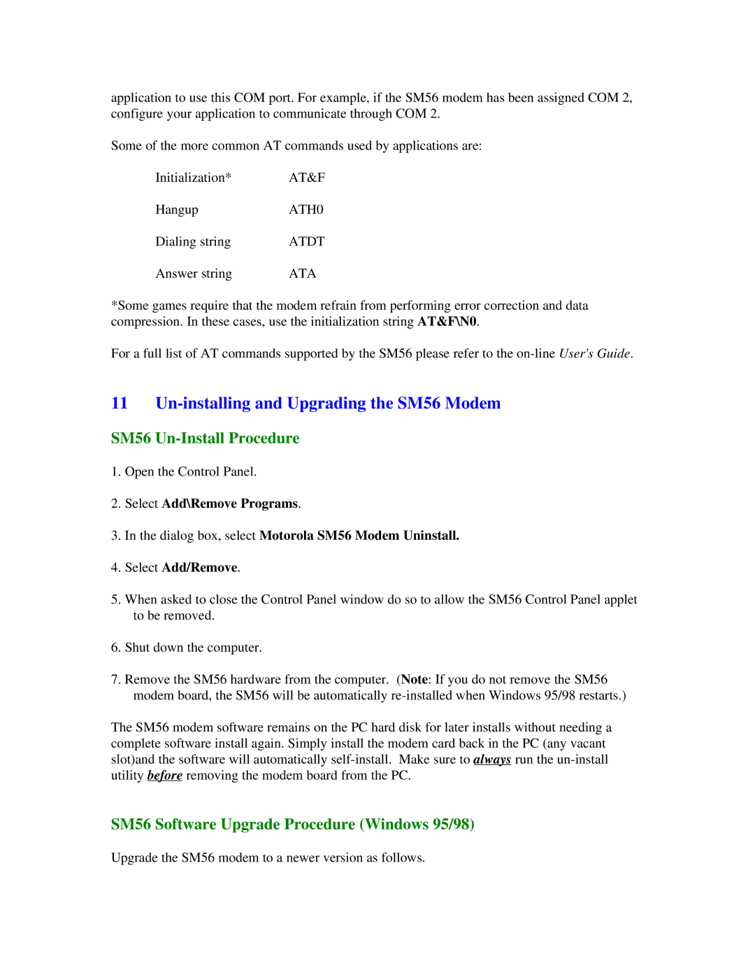 Motorola quick start Un-installing and Upgrading the SM56 Modem, SM56 Un-Install Procedure 