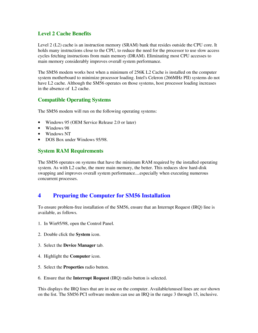 Motorola quick start Preparing the Computer for SM56 Installation, Level 2 Cache Benefits, Compatible Operating Systems 