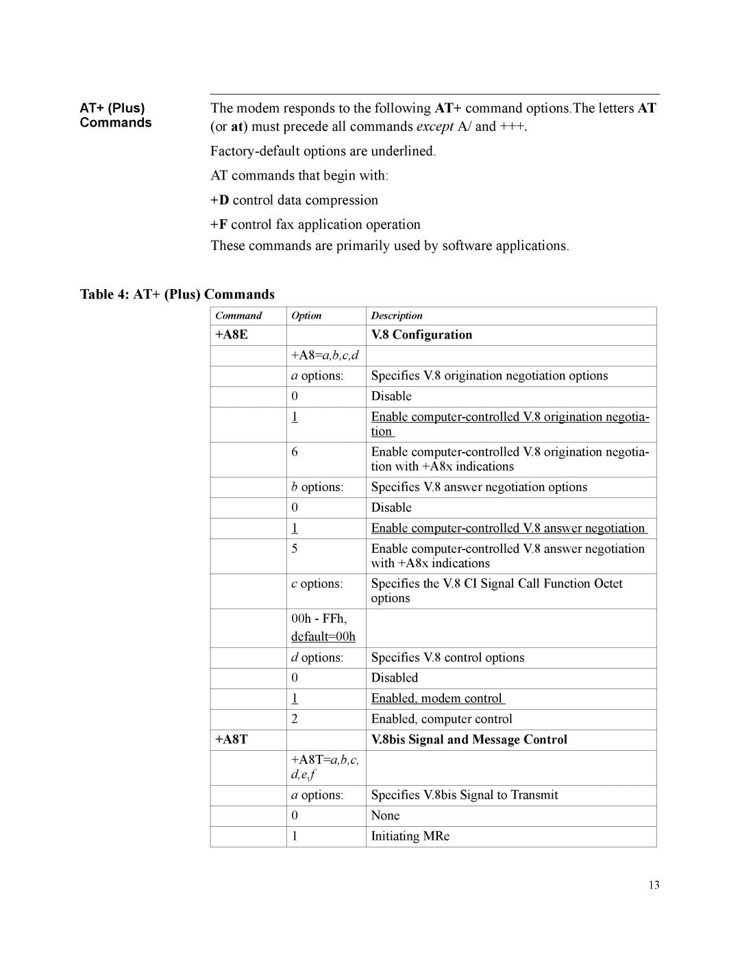 Motorola SM56 manual AT+ Plus Commands, +A8E Configuration, +A8T 8bis Signal and Message Control 