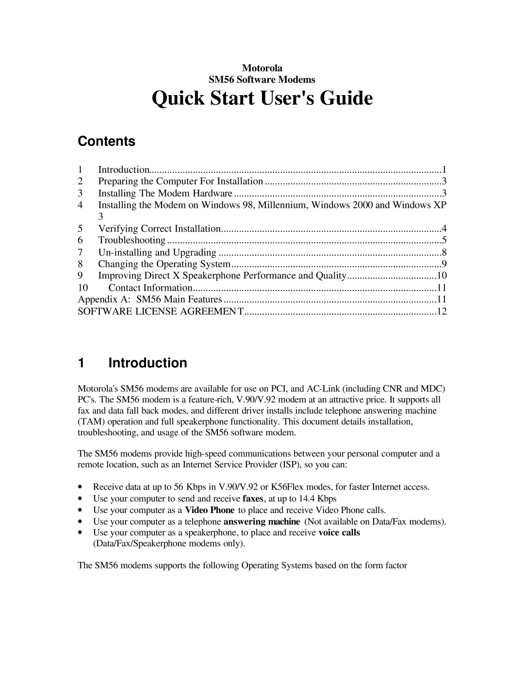 Motorola SM56 quick start Contents, Introduction 