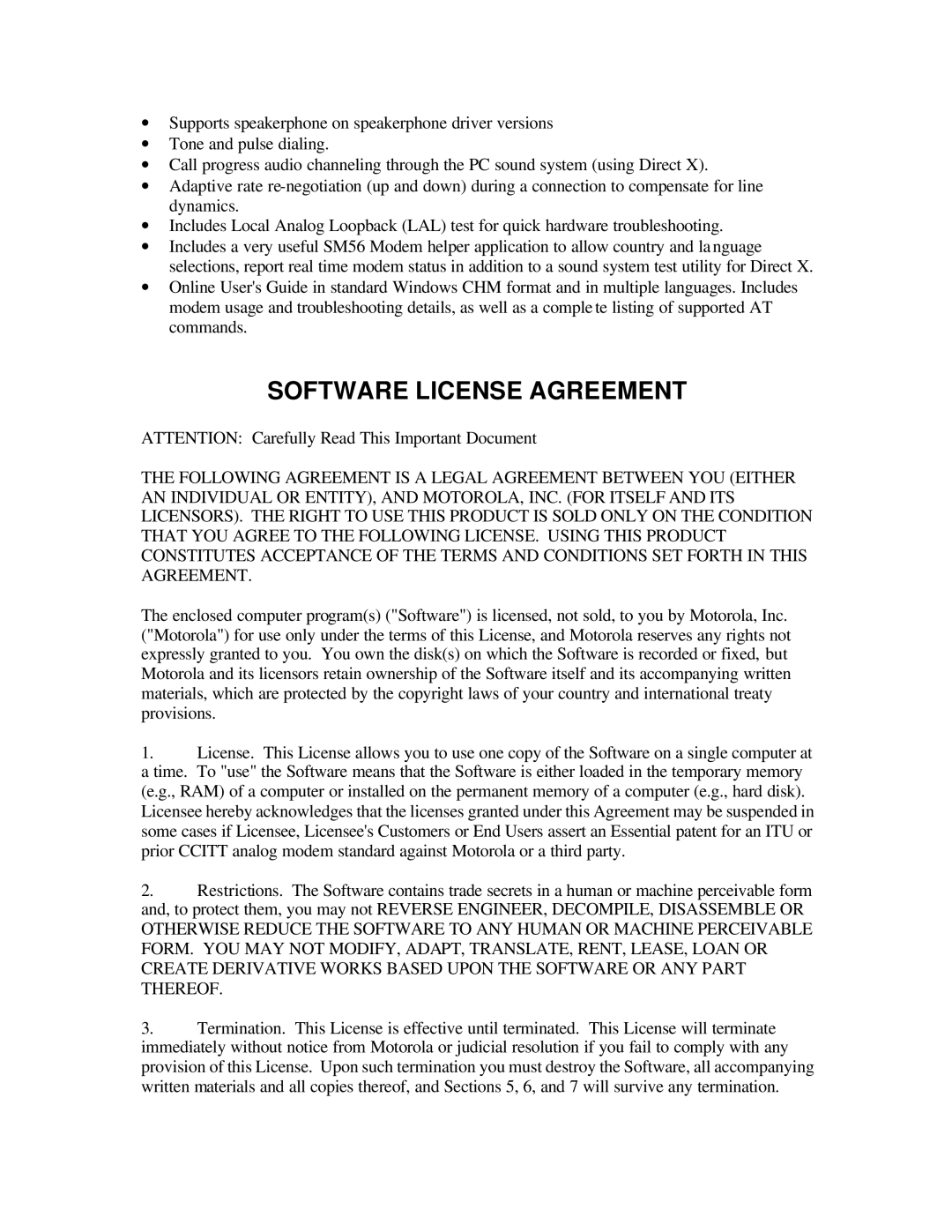 Motorola SM56 quick start Software License Agreement 