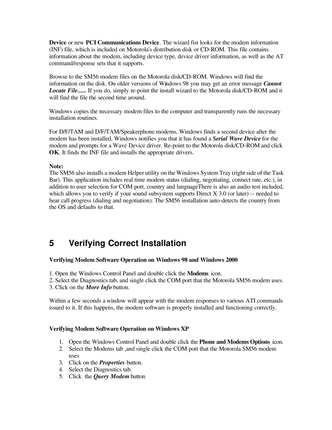 Motorola SM56 quick start Verifying Correct Installation, Verifying Modem Software Operation on Windows XP 