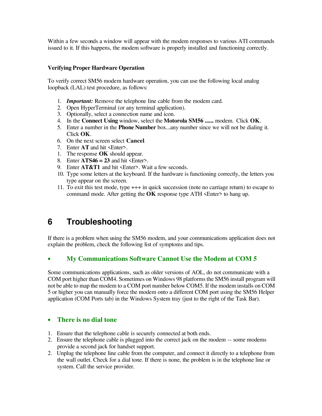 Motorola SM56 Troubleshooting, ∙ My Communications Software Cannot Use the Modem at COM, ∙ There is no dial tone 