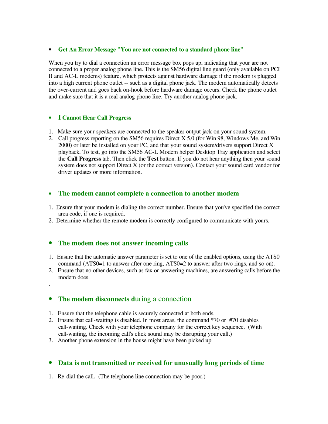 Motorola SM56 ∙ The modem cannot complete a connection to another modem, ∙ The modem does not answer incoming calls 