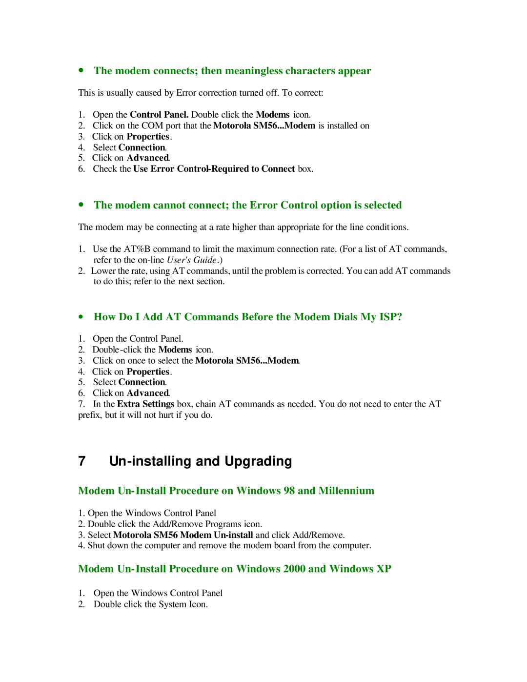 Motorola SM56 quick start Un-installing and Upgrading, ∙ The modem connects then meaningless characters appear 