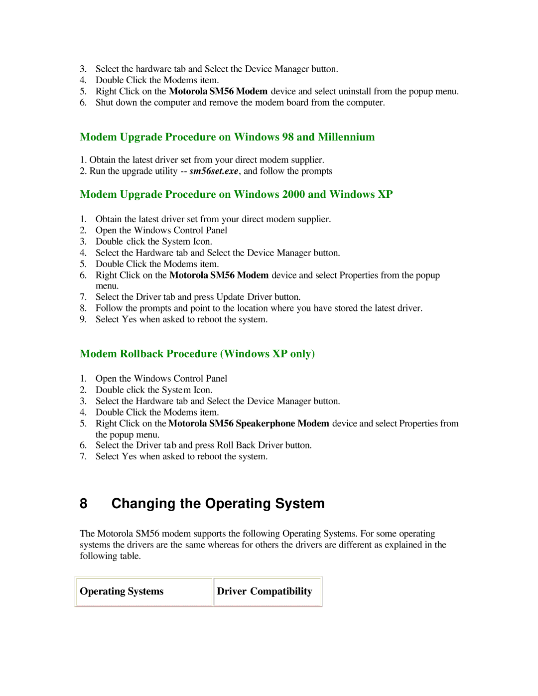 Motorola SM56 quick start Changing the Operating System, Modem Upgrade Procedure on Windows 98 and Millennium 