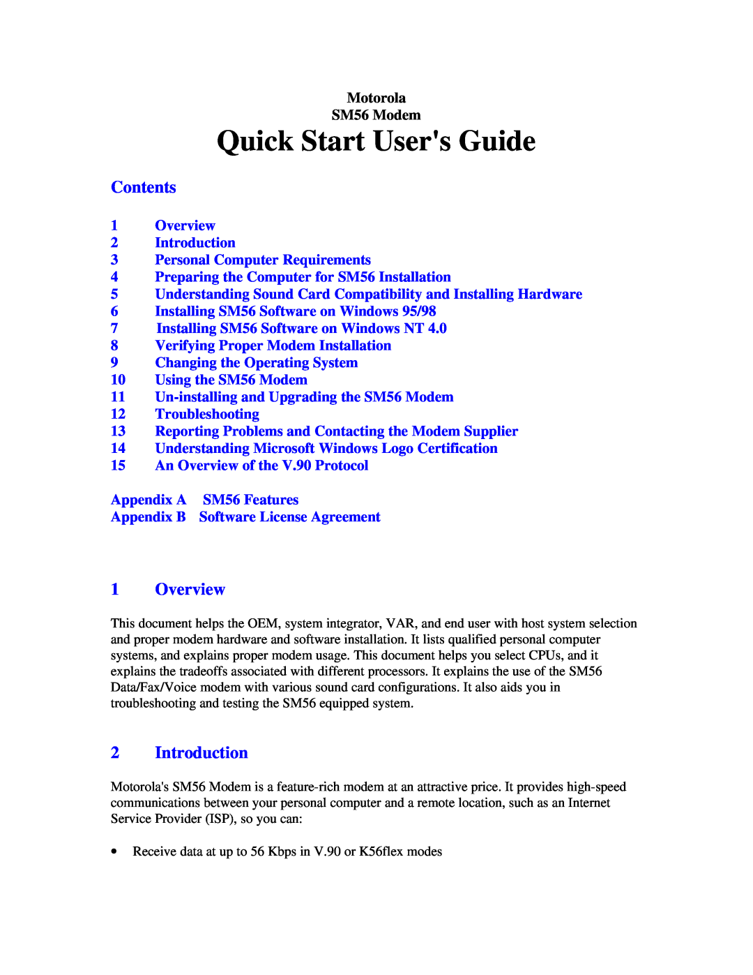 Motorola SM56 quick start Contents, Overview, Introduction, Quick Start Users Guide 