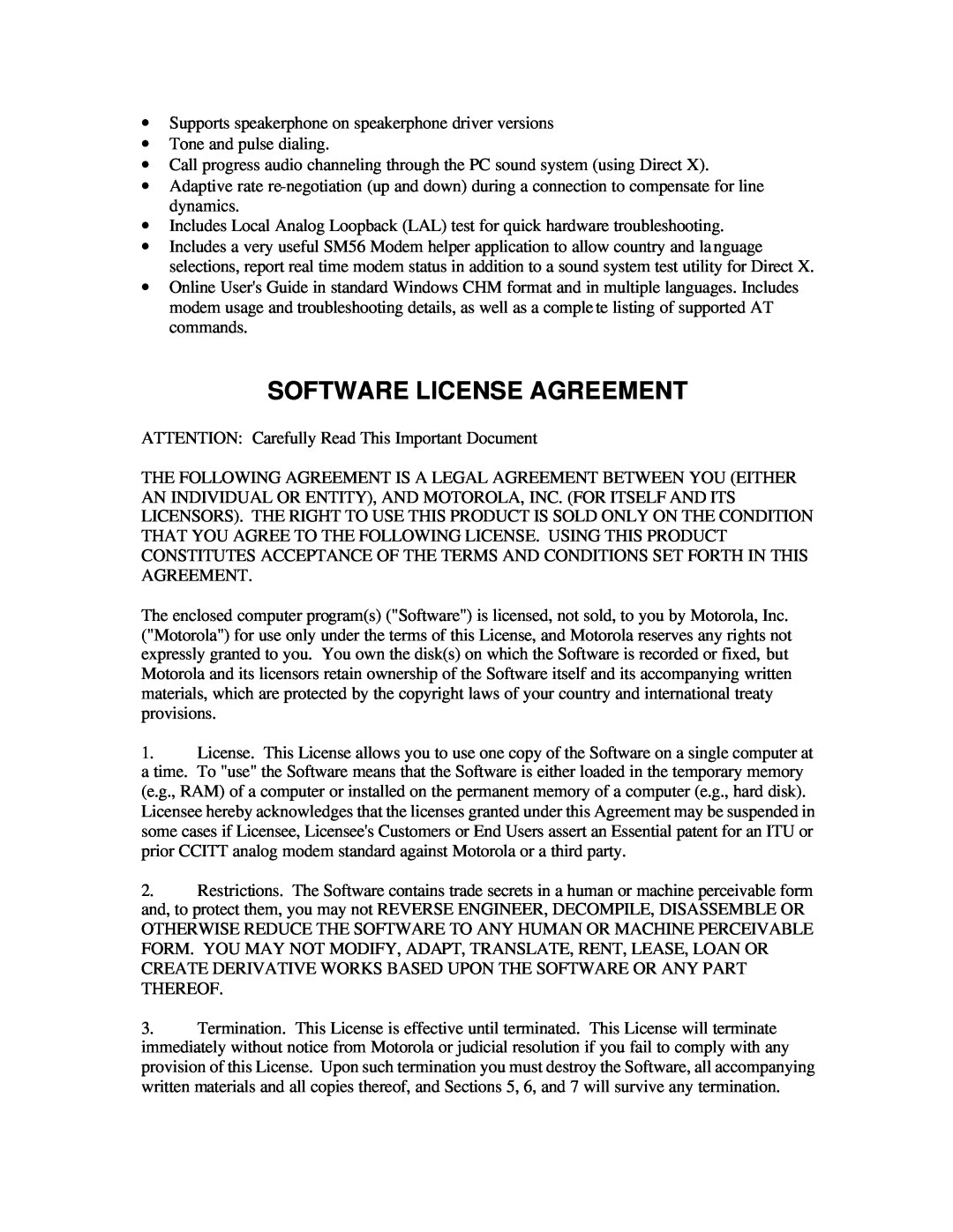 Motorola SM56 quick start Software License Agreement 