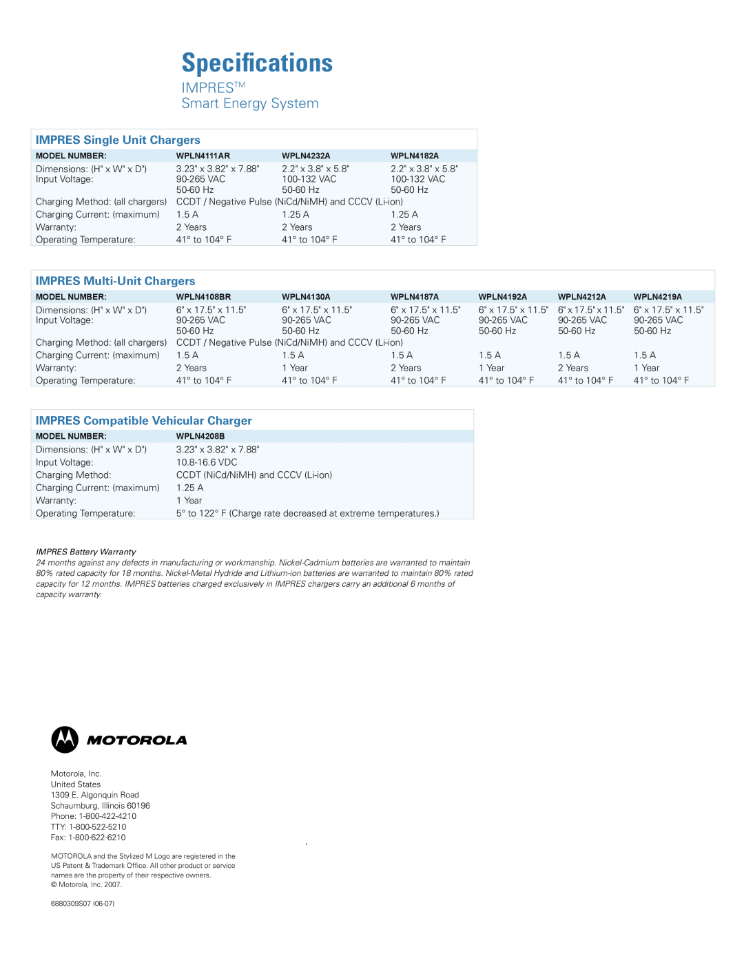 Motorola manual Speciﬁcations, IMPRESTM Smart Energy System, IMPRES Single Unit Chargers, IMPRES Multi-Unit Chargers 