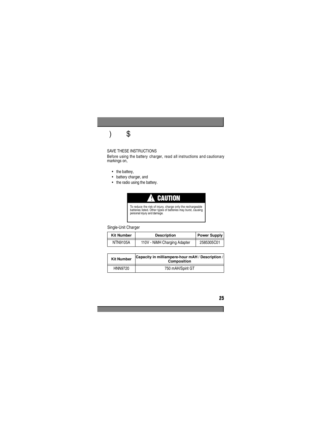 Motorola Spirit GT manual SAVE&KDUJLQJTHESE INSTRUCTIONS6DIHW\,QVWUXFWLRQV, Single-Unit Charger 