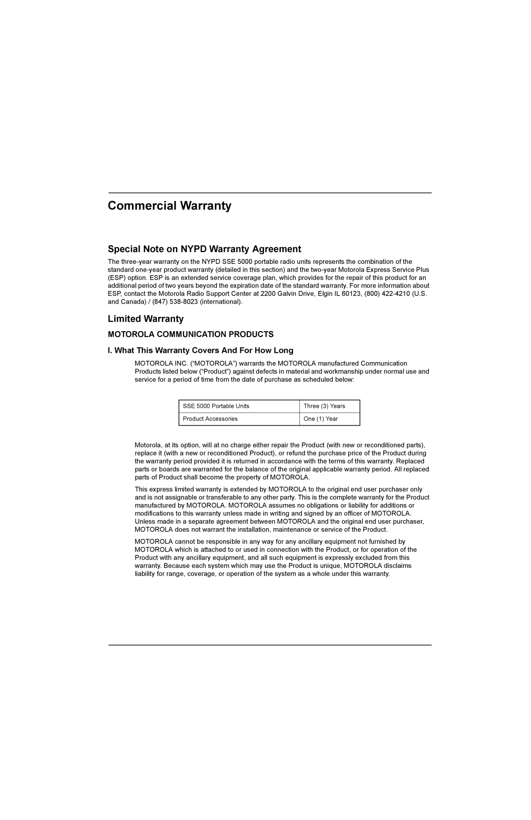 Motorola SSETM 5000 service manual Commercial Warranty, Special Note on Nypd Warranty Agreement, Limited Warranty 