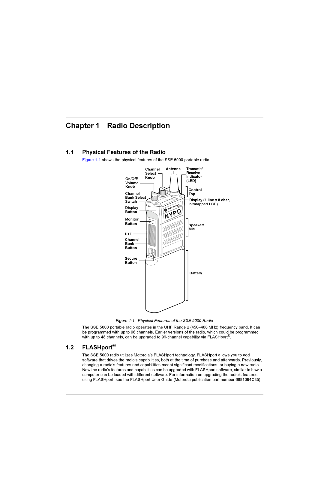 Motorola SSETM 5000 service manual Radio Description, Physical Features of the Radio, FLASHport 