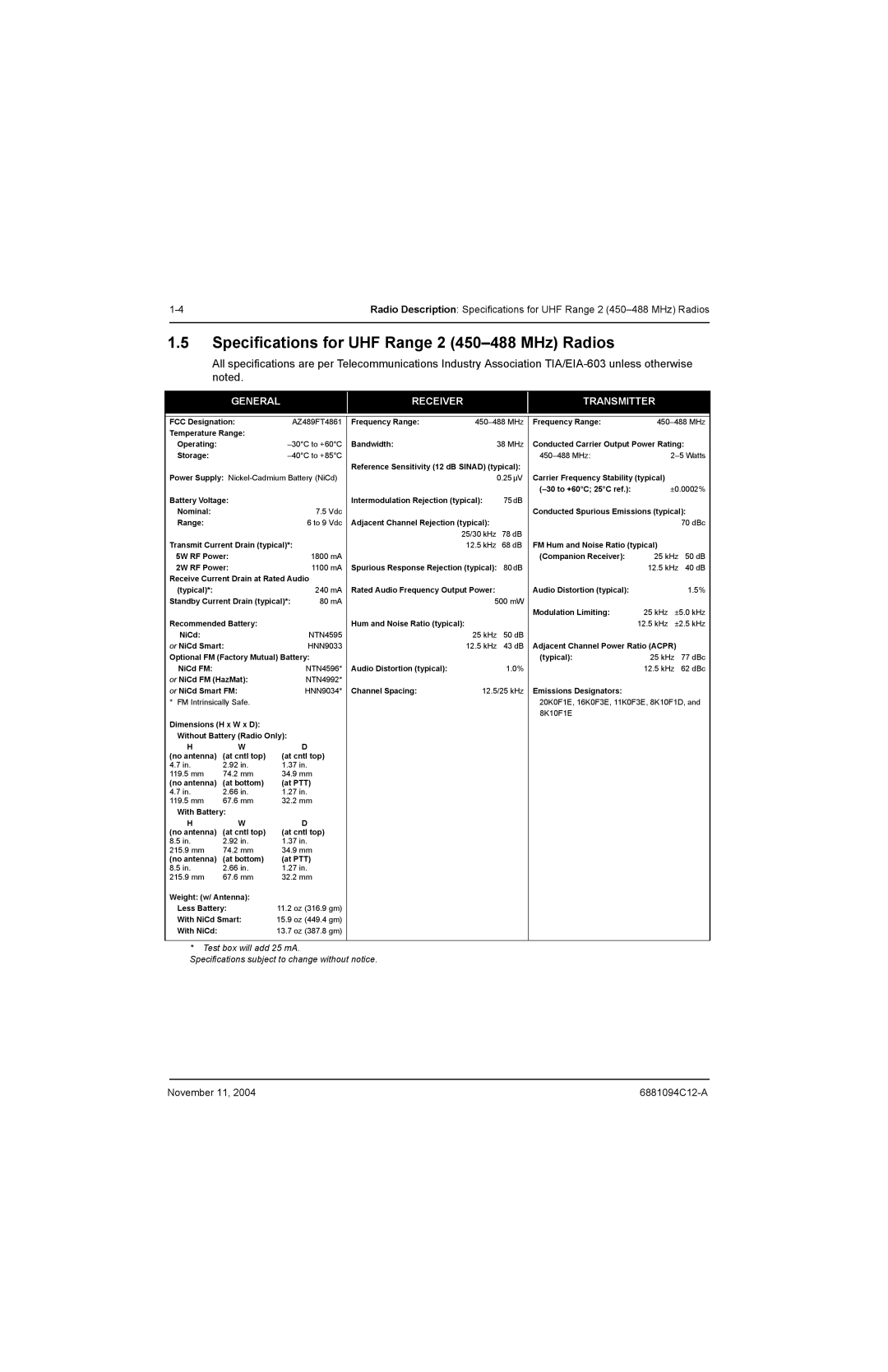 Motorola SSETM 5000 service manual Specifications for UHF Range 2 450-488 MHz Radios, General Receiver Transmitter 