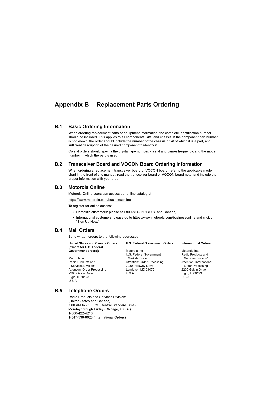 Motorola SSETM 5000 service manual Appendix B Replacement Parts Ordering 