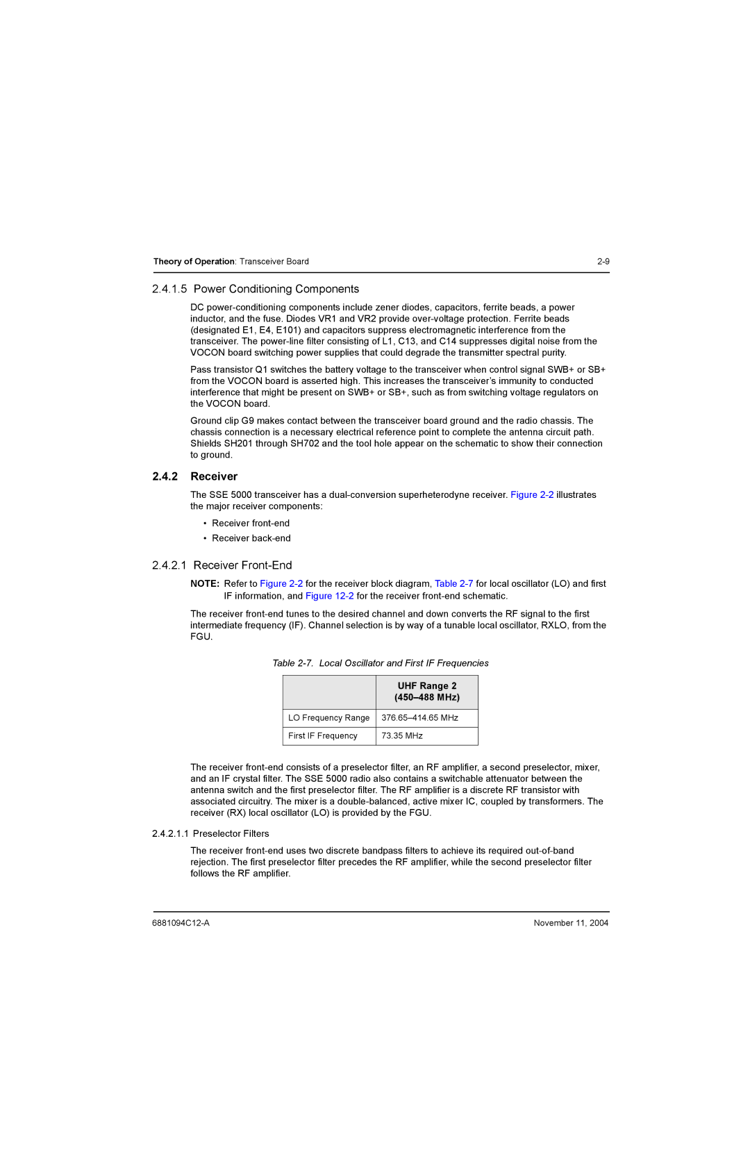 Motorola SSETM 5000 service manual Power Conditioning Components, Receiver Front-End, UHF Range, 450-488 MHz 