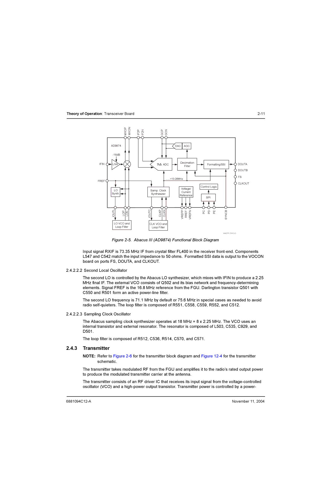 Motorola SSETM 5000 service manual Transmitter, Abacus III AD9874 Functional Block Diagram 