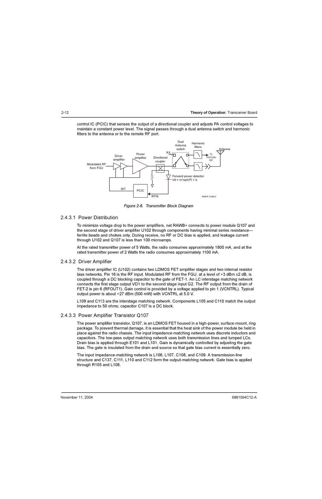 Motorola SSETM 5000 service manual Power Distribution, Driver Amplifier, Power Amplifier Transistor Q107 