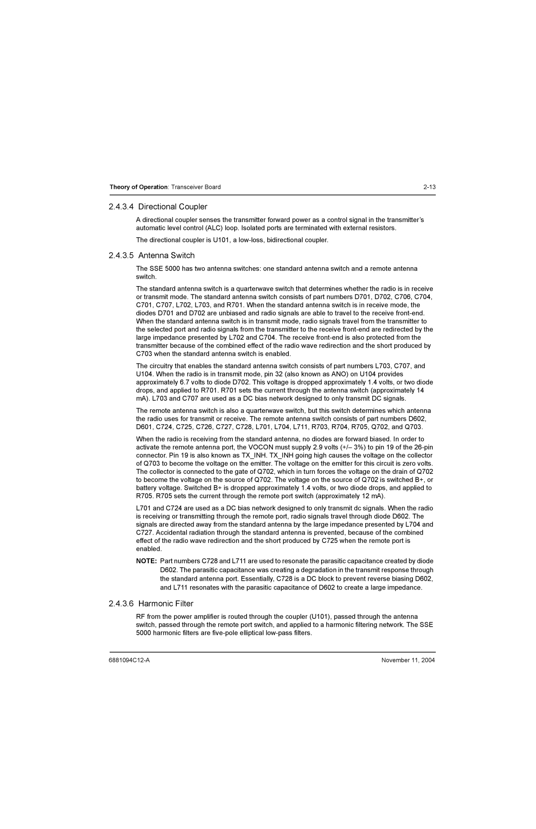 Motorola SSETM 5000 service manual Directional Coupler, Antenna Switch, Harmonic Filter 