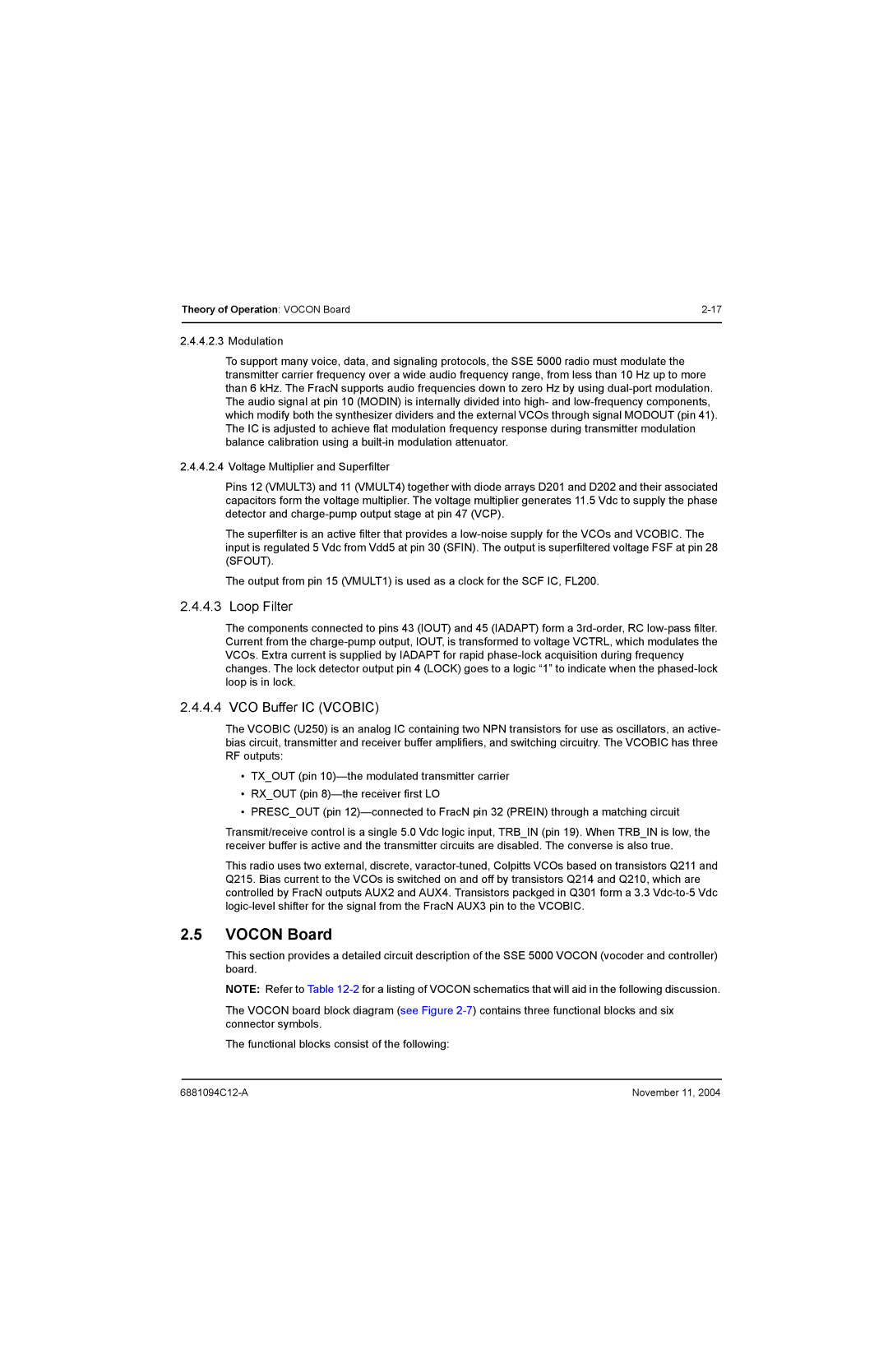 Motorola SSETM 5000 service manual Vocon Board, Loop Filter, VCO Buffer IC Vcobic 