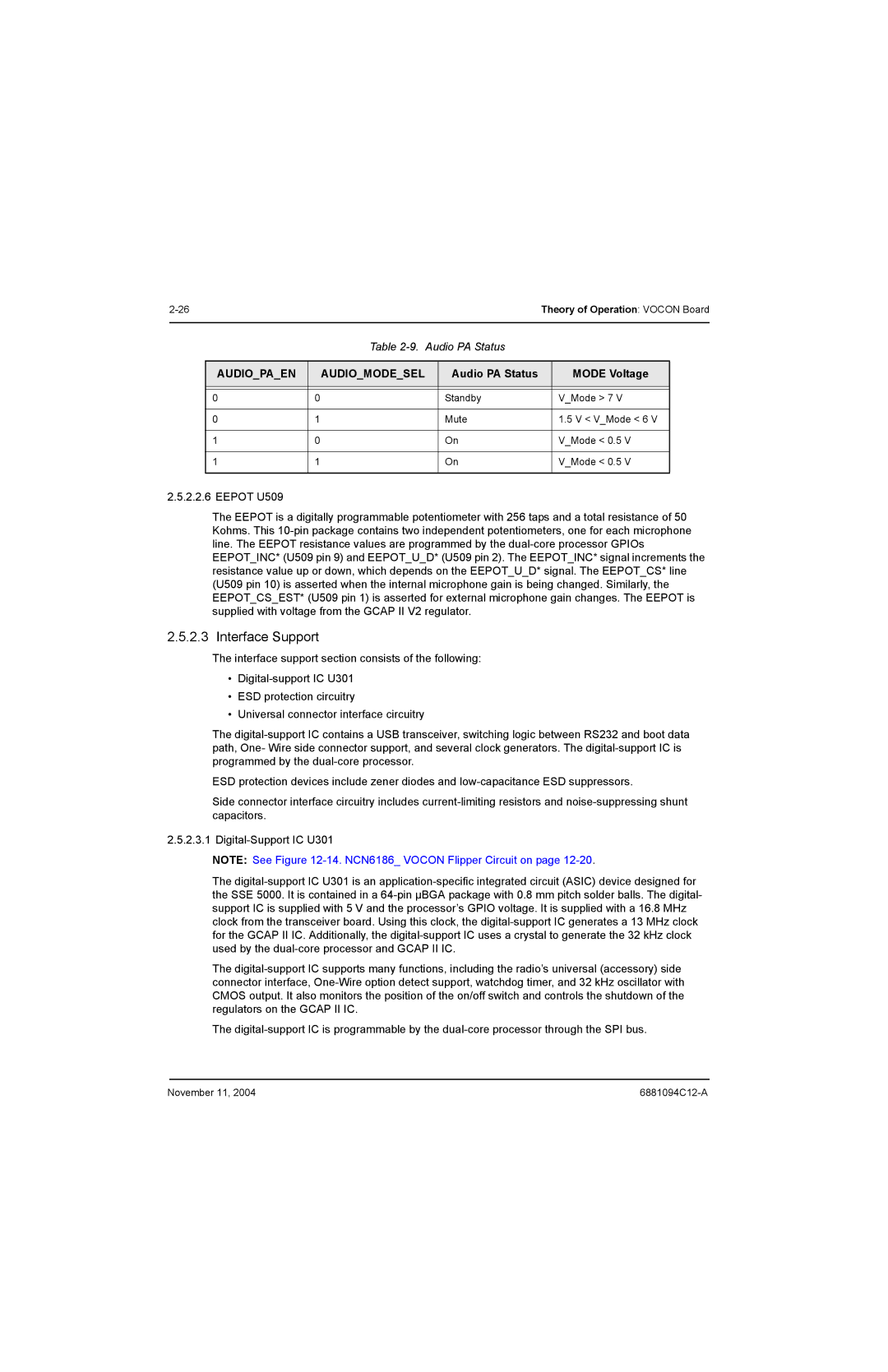 Motorola SSETM 5000 service manual Interface Support, Audio PA Status Mode Voltage 