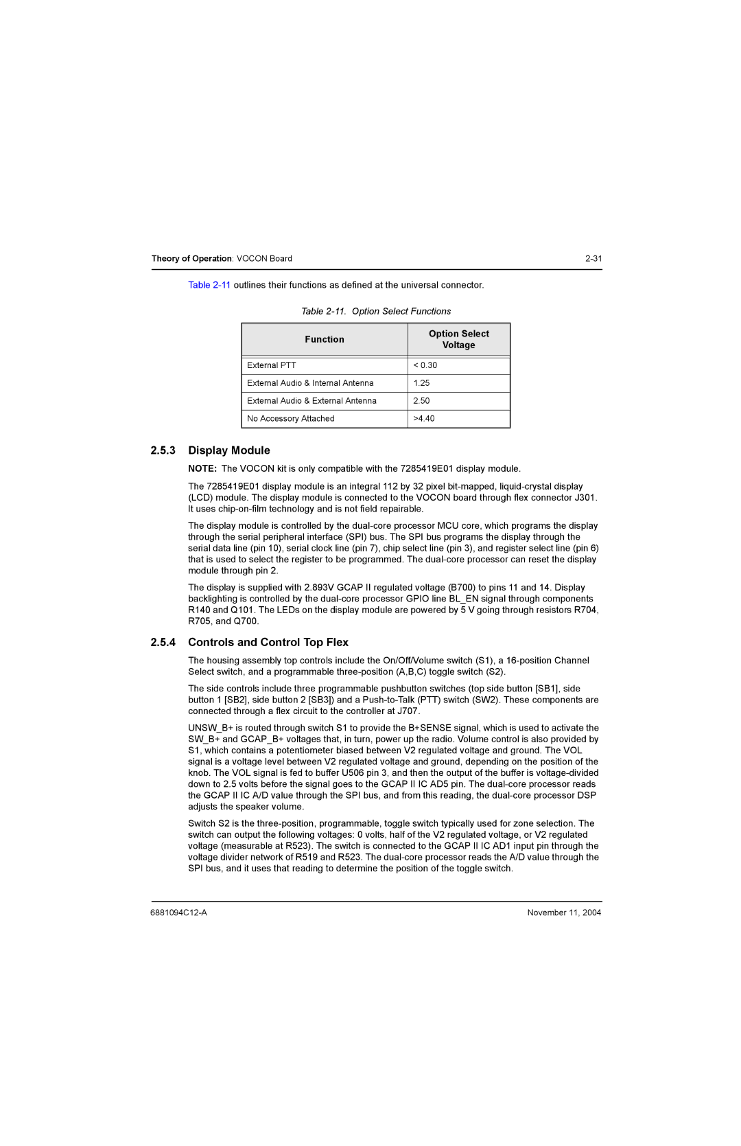 Motorola SSETM 5000 service manual Display Module, Controls and Control Top Flex, Function Option Select Voltage 