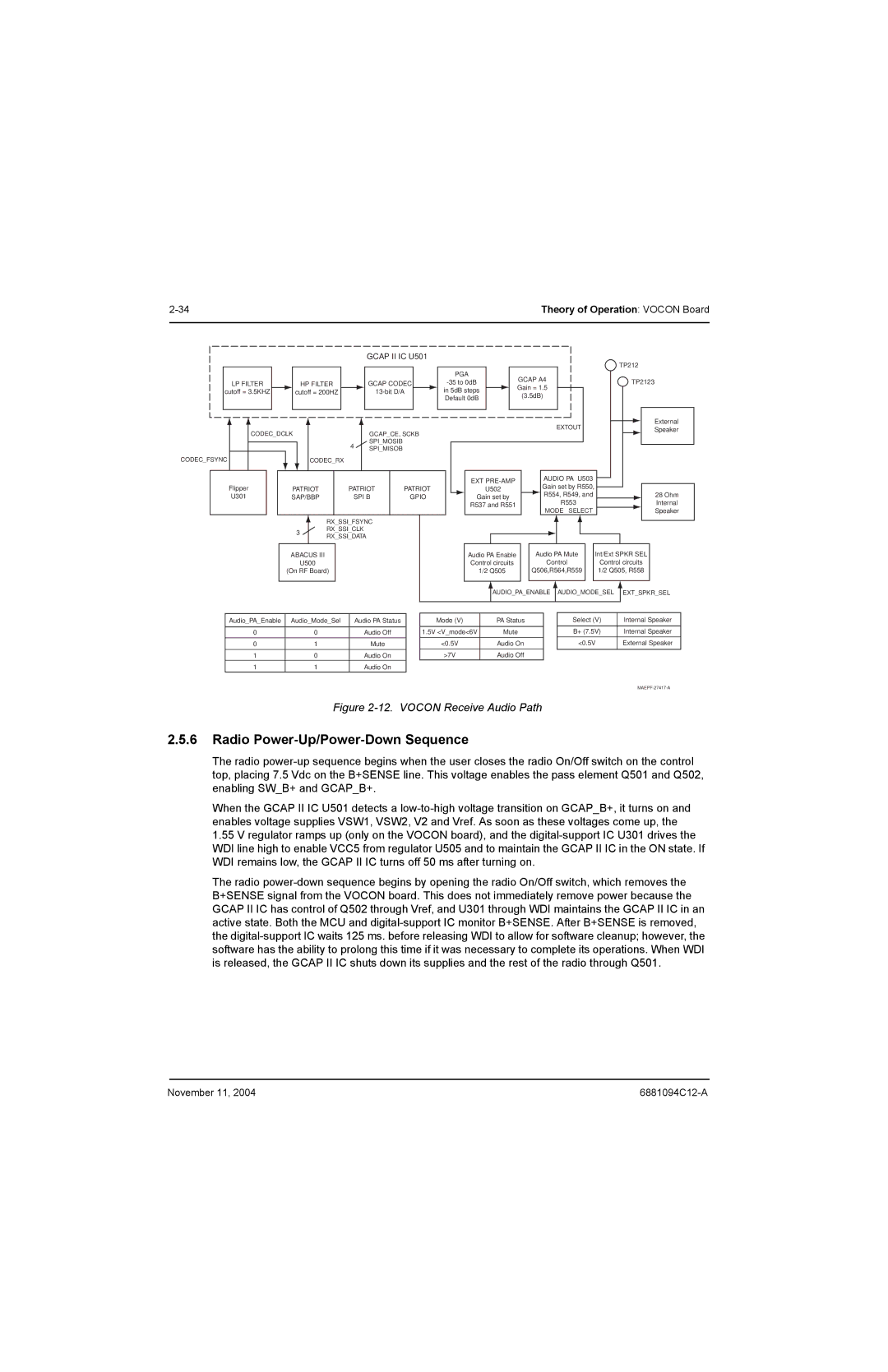 Motorola SSETM 5000 service manual Radio Power-Up/Power-Down Sequence, Theory of Operation Vocon Board 