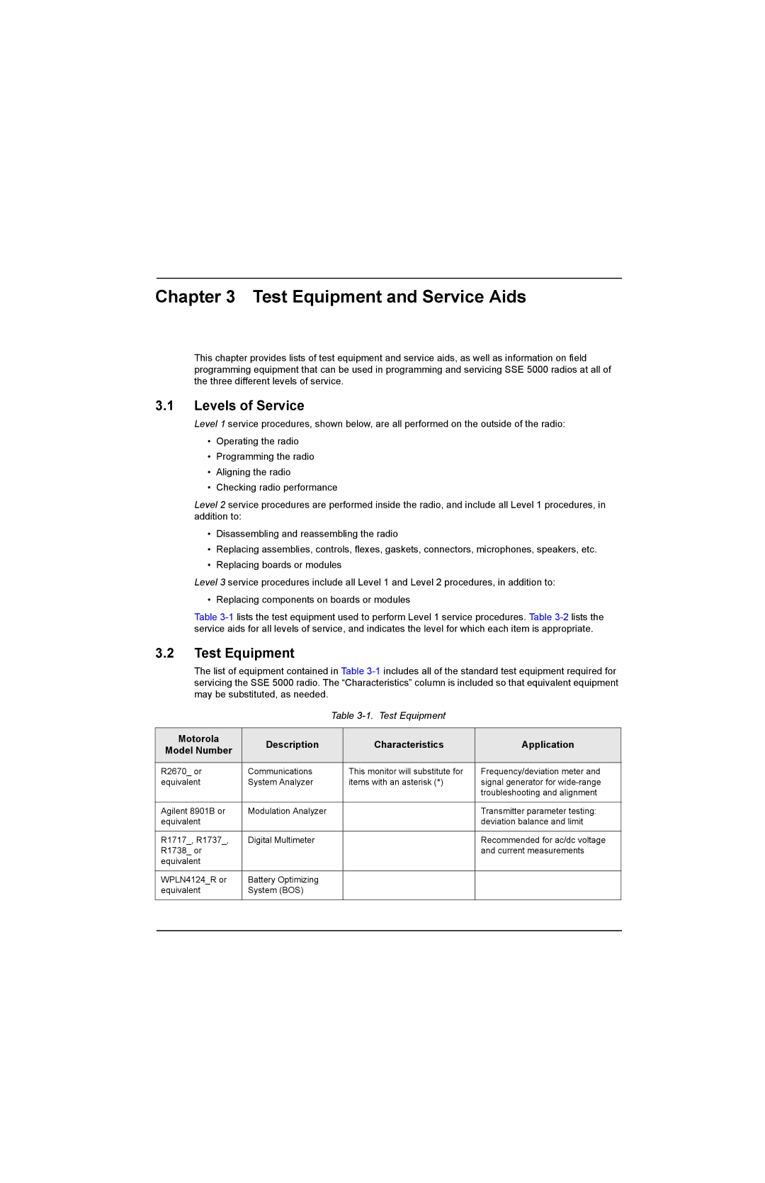 Motorola SSETM 5000 service manual Test Equipment and Service Aids, Levels of Service 