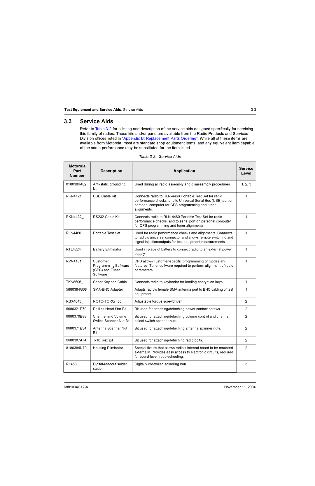 Motorola SSETM 5000 service manual Service Aids, Motorola, Part Description Application, Number 