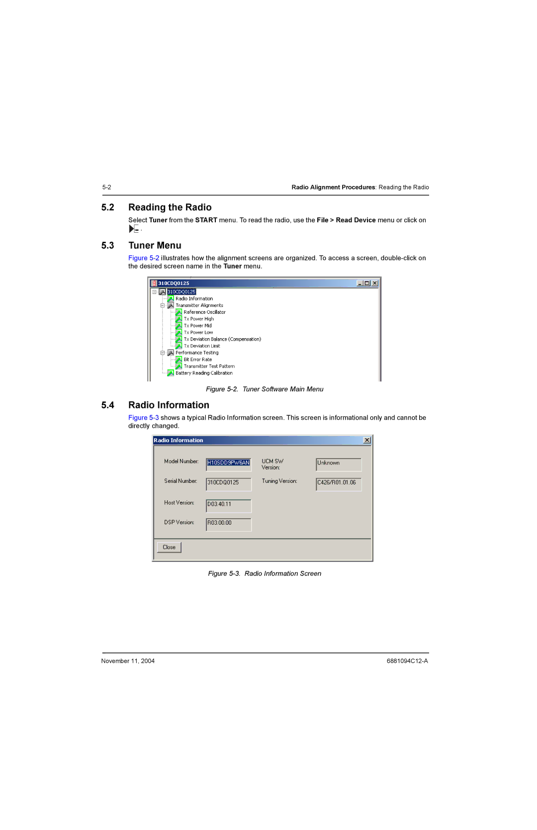 Motorola SSETM 5000 service manual Reading the Radio, Tuner Menu, Radio Information 