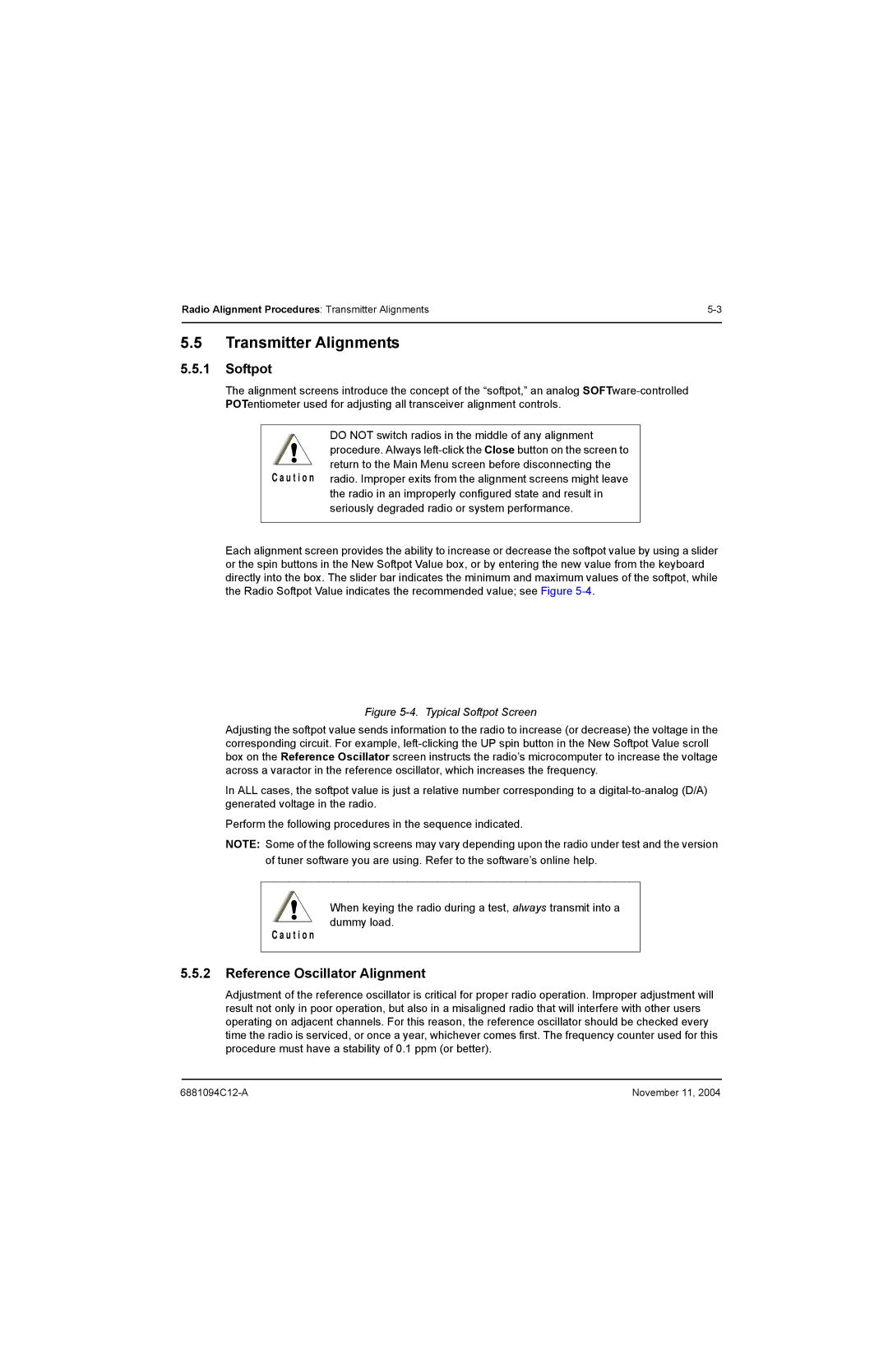 Motorola SSETM 5000 service manual Transmitter Alignments, Softpot, Reference Oscillator Alignment 