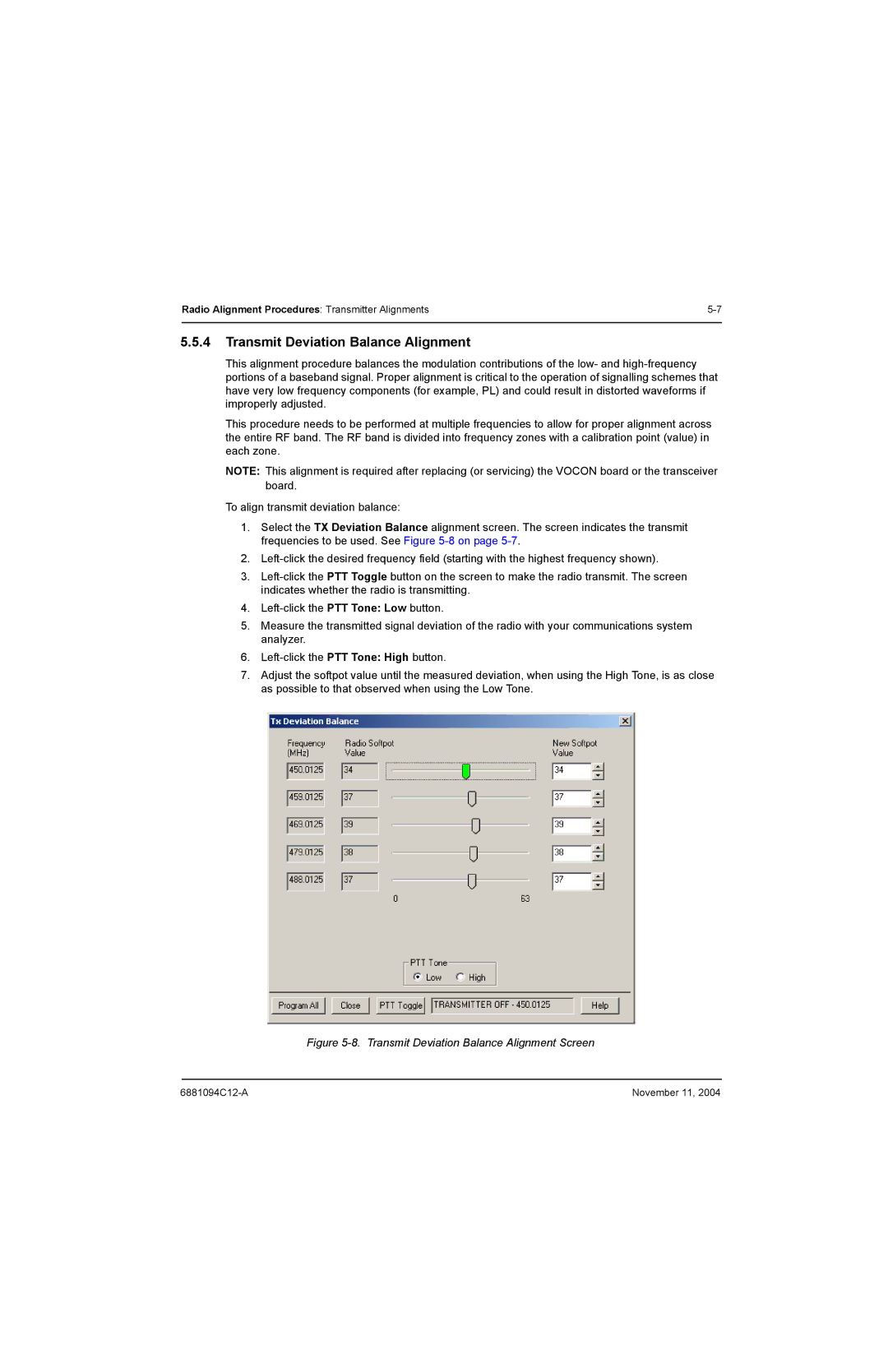 Motorola SSETM 5000 service manual Transmit Deviation Balance Alignment Screen 