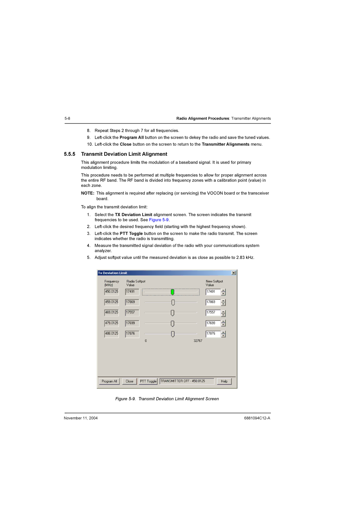 Motorola SSETM 5000 service manual Transmit Deviation Limit Alignment Screen 