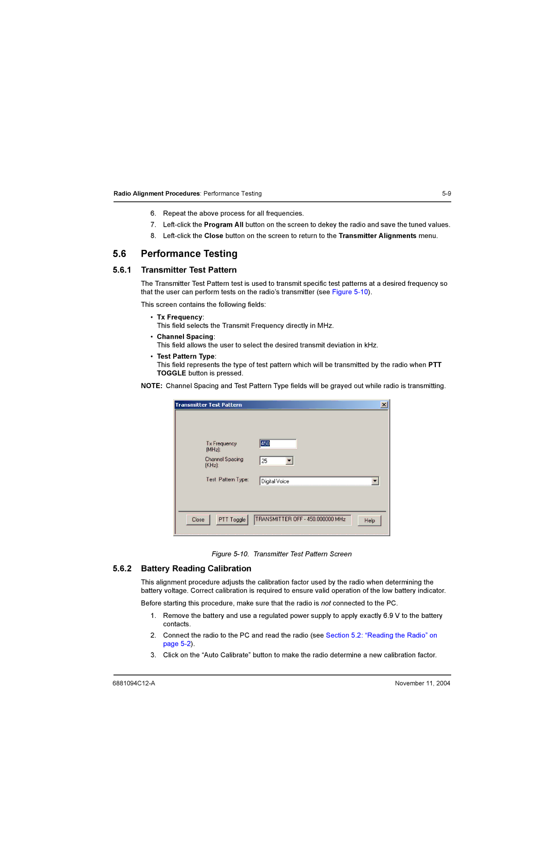 Motorola SSETM 5000 service manual Performance Testing, Transmitter Test Pattern, Battery Reading Calibration 