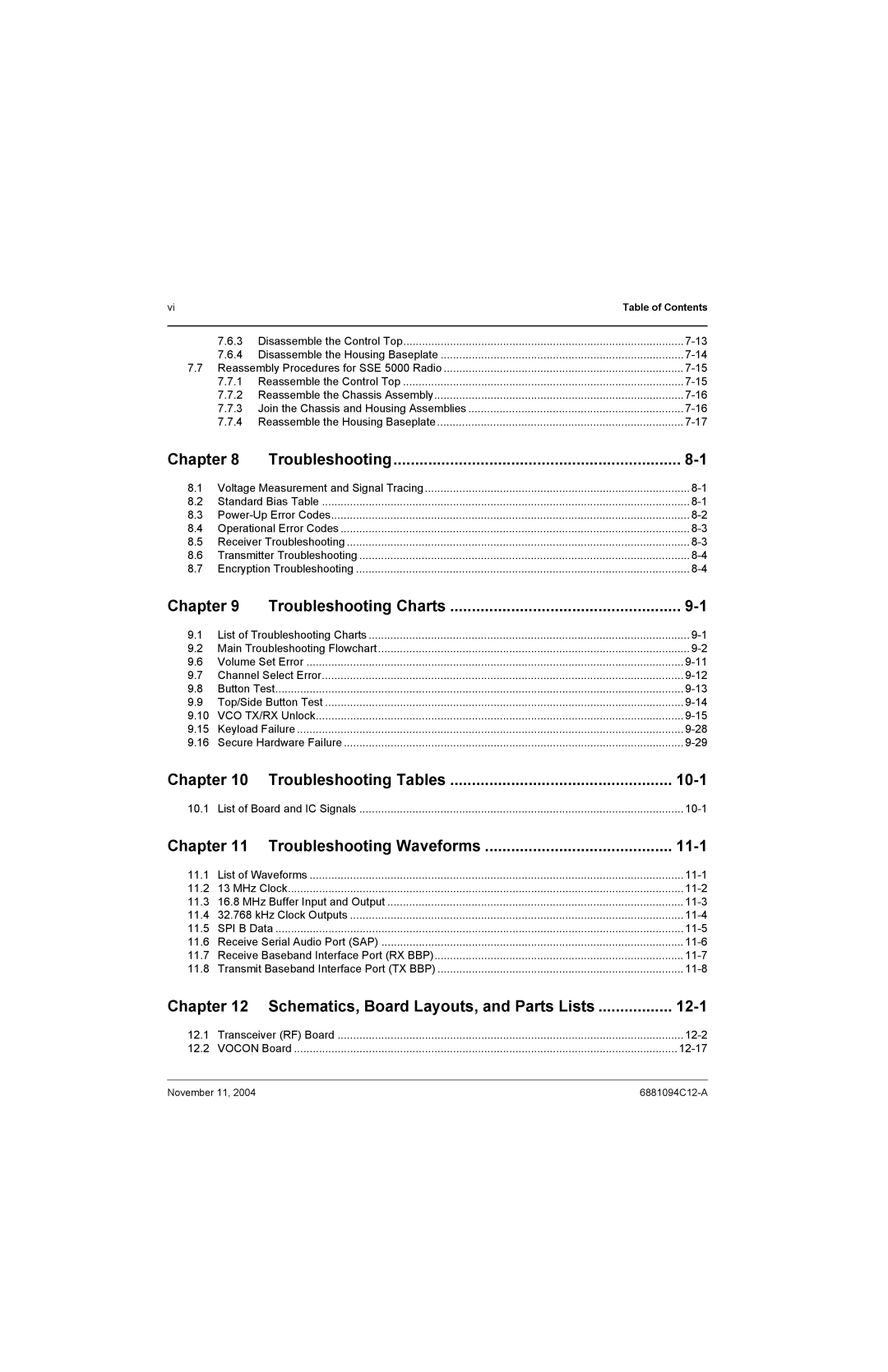 Motorola SSETM 5000 Chapter Troubleshooting Charts, Chapter Troubleshooting Tables, Chapter Troubleshooting Waveforms 