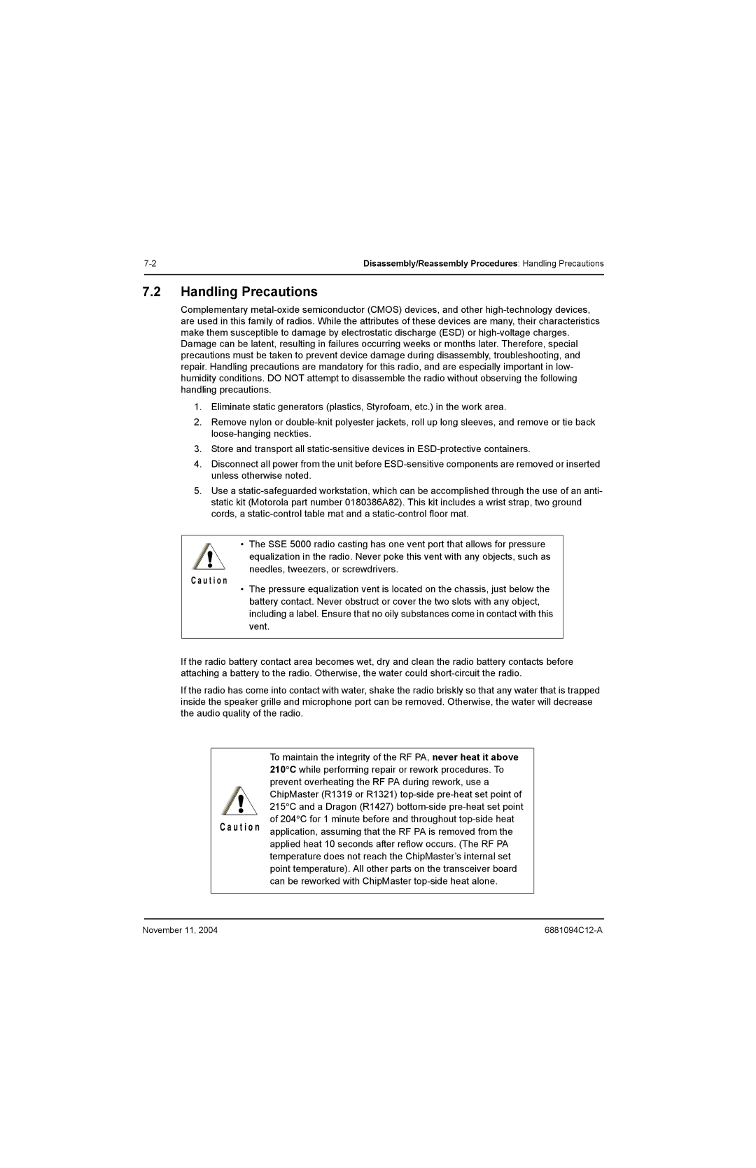 Motorola SSETM 5000 service manual Handling Precautions 