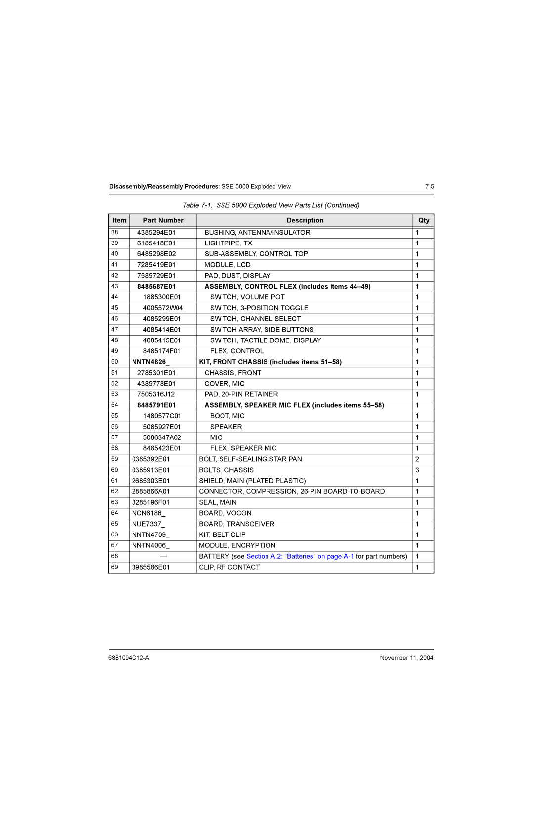 Motorola SSETM 5000 service manual NNTN4826 KIT, Front Chassis includes items 