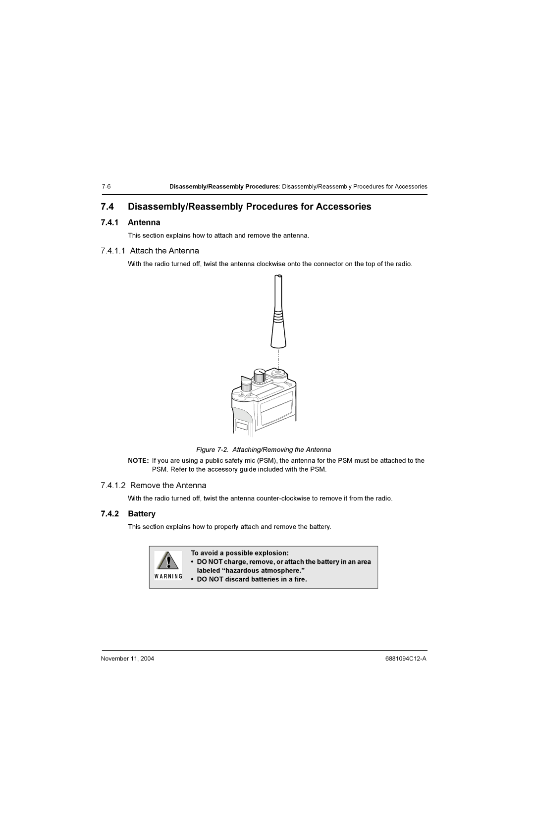 Motorola SSETM 5000 Disassembly/Reassembly Procedures for Accessories, Attach the Antenna, Remove the Antenna, Battery 