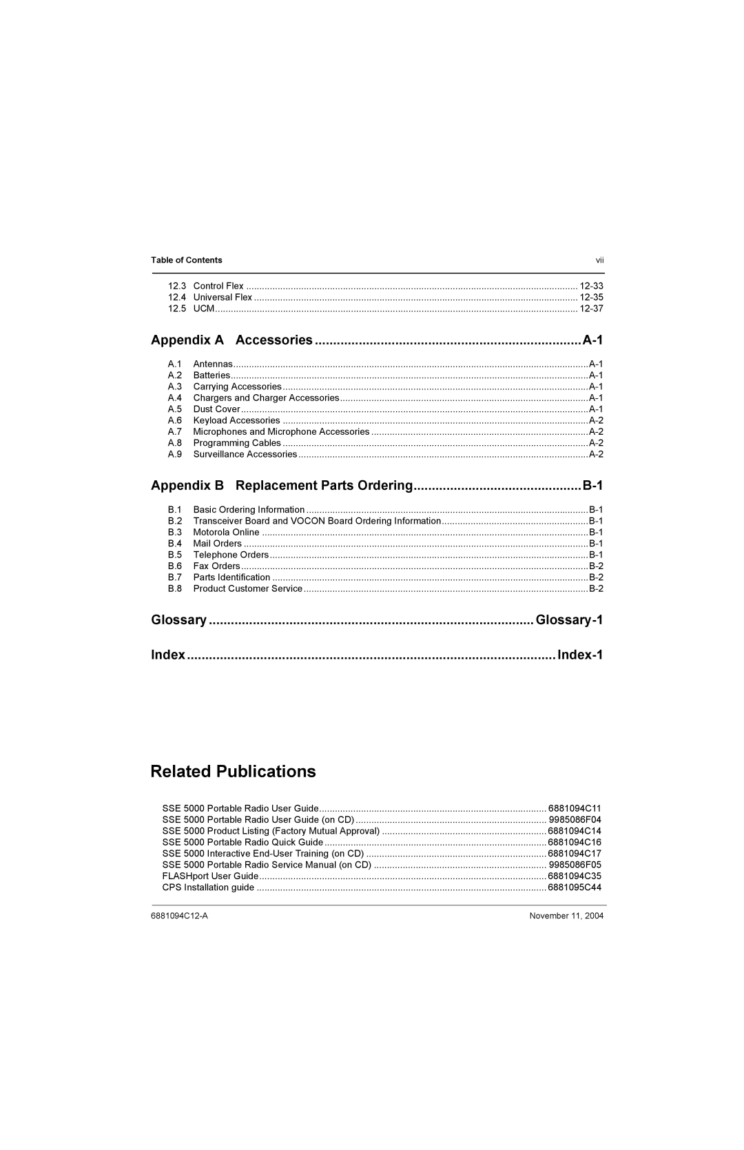 Motorola SSETM 5000 Related Publications, Appendix a Accessories, Glossary, Index-1, Appendix B Replacement Parts Ordering 