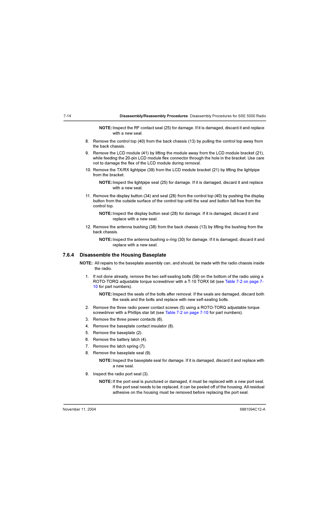 Motorola SSETM 5000 service manual Disassemble the Housing Baseplate 