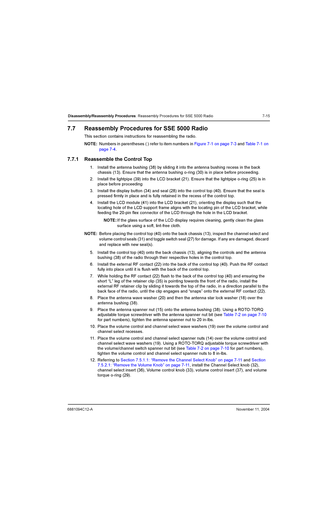 Motorola SSETM 5000 service manual Reassembly Procedures for SSE 5000 Radio, Reassemble the Control Top 