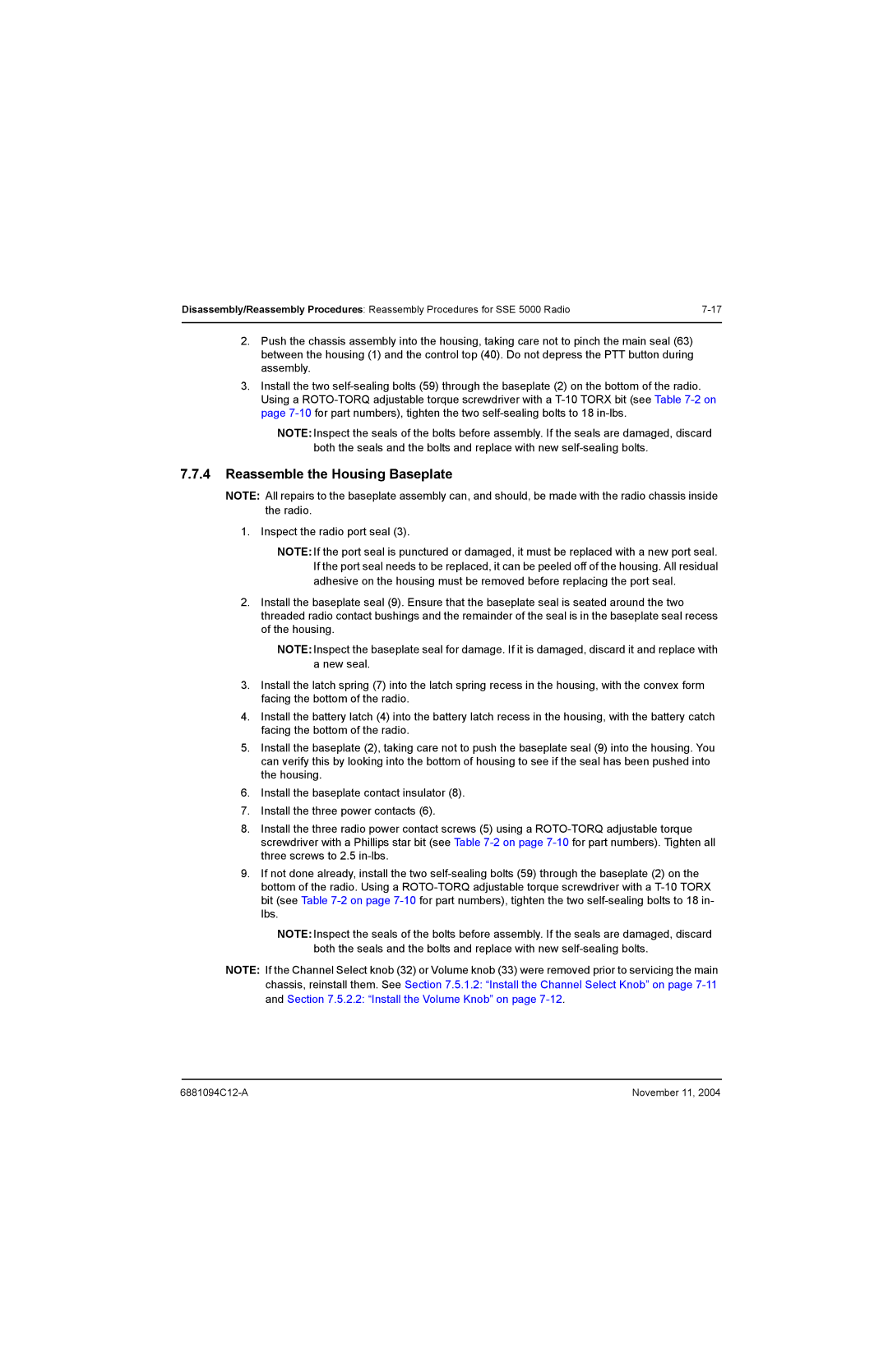 Motorola SSETM 5000 service manual Reassemble the Housing Baseplate 