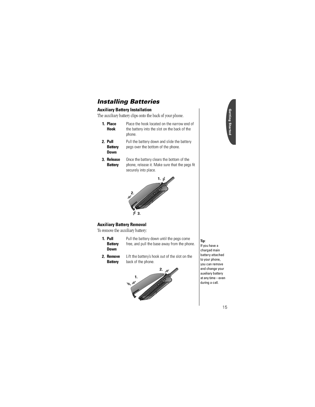 Motorola ST7762 To remove the auxiliary battery, Auxiliary Battery Installation, Auxiliary Battery Removal, Pull 