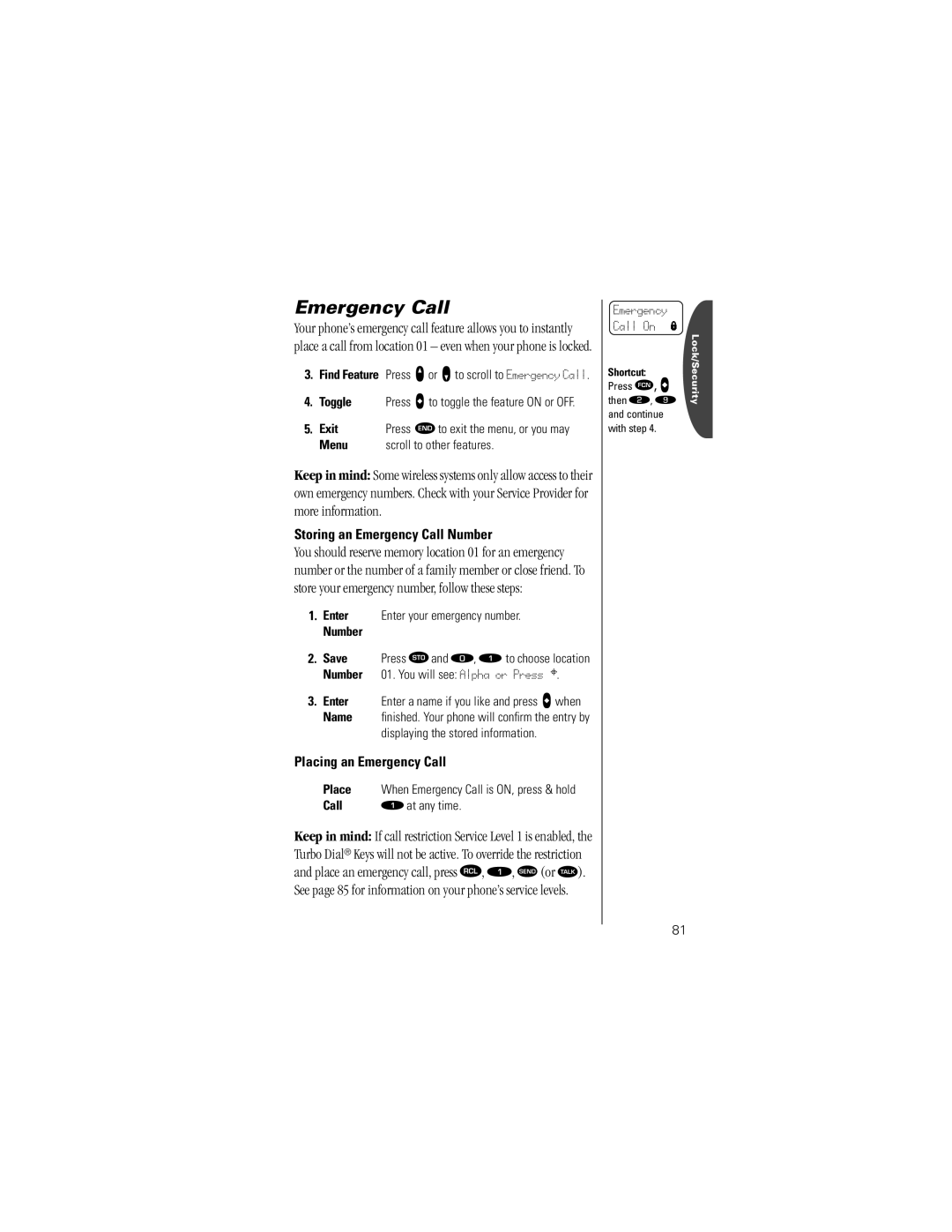 Motorola ST7762 Storing an Emergency Call Number, Placing an Emergency Call, Enter Enter your emergency number 