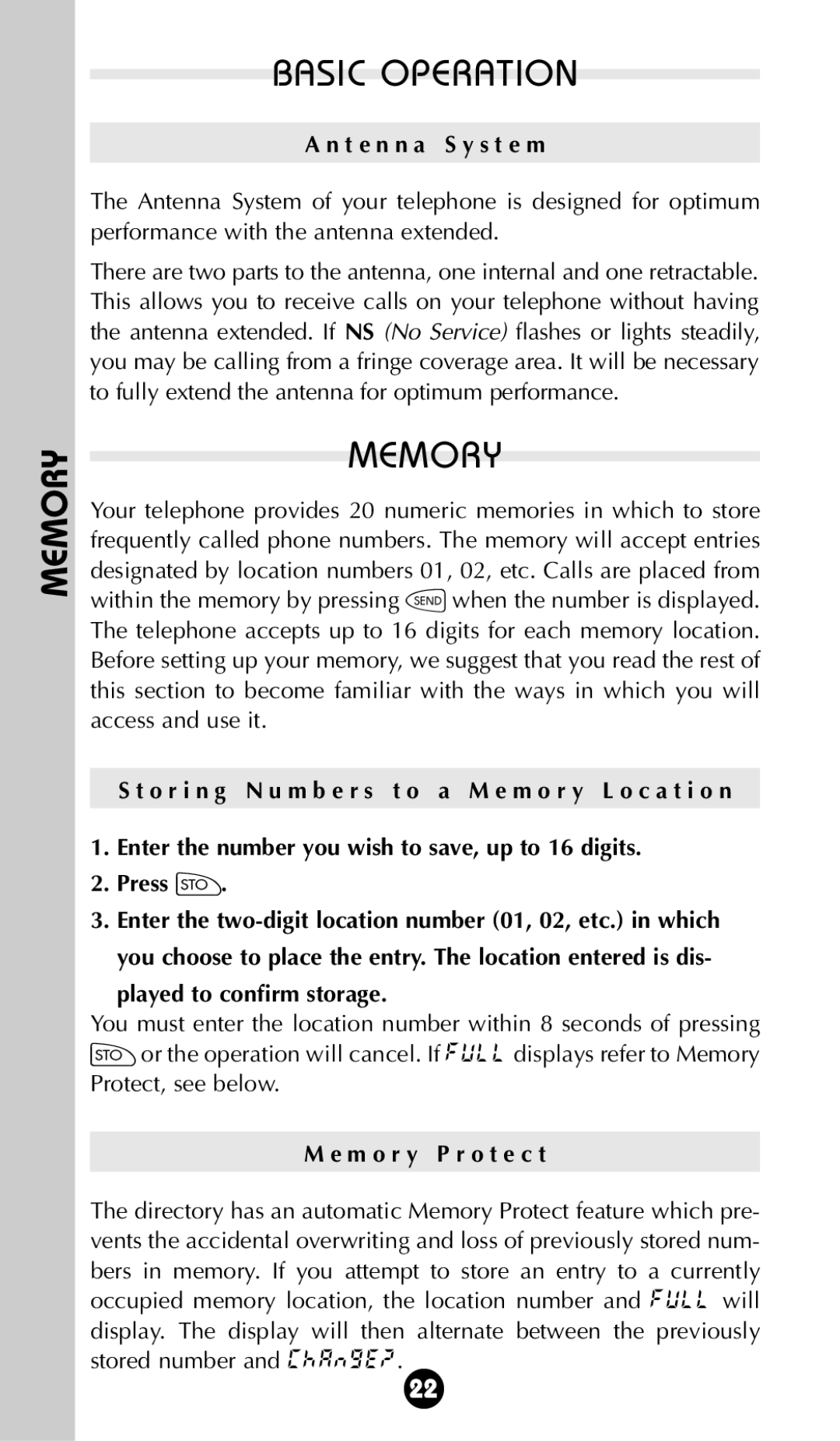 Motorola StarTAC 85 Memory Basic Operation, T e n n a S y s t e m, Played to conﬁrm storage, M o r y P r o t e c t 