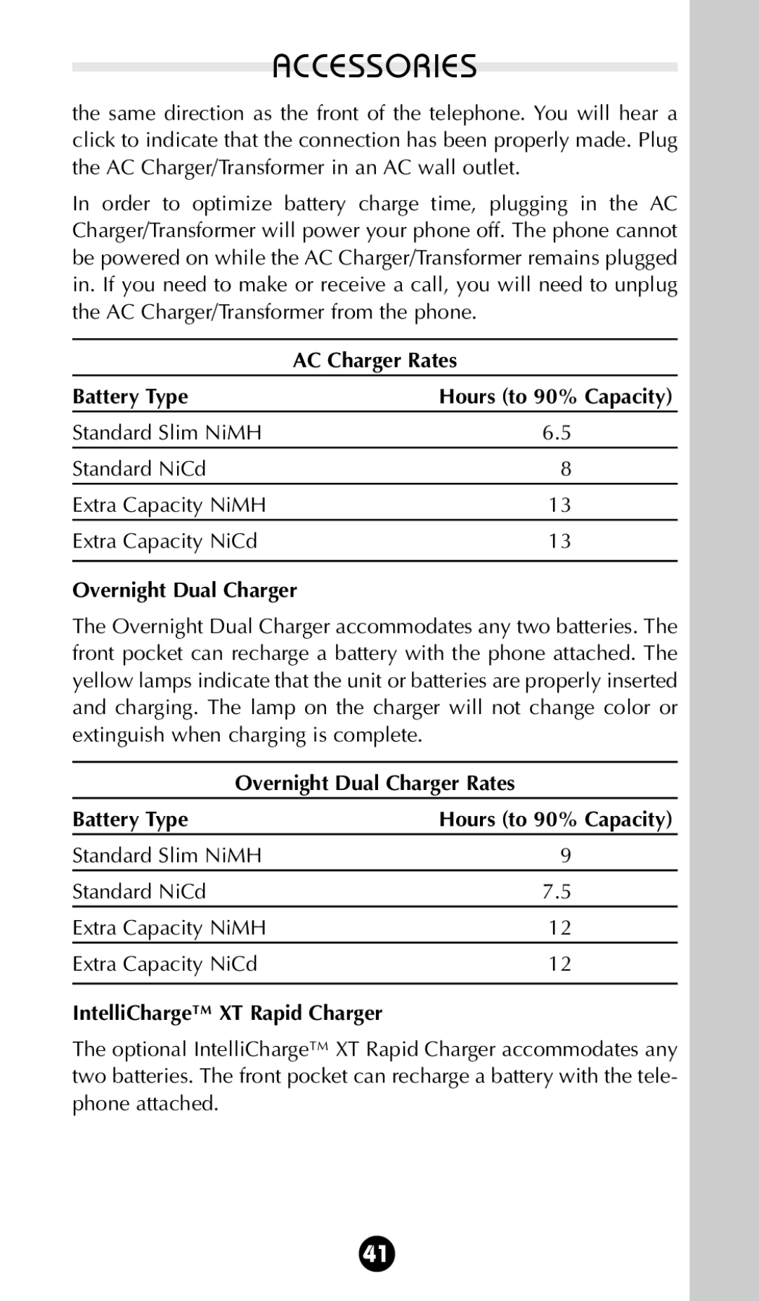 Motorola StarTAC 85 owner manual Battery Type Hours to 90% Capacity, Overnight Dual Charger, IntelliCharge XT Rapid Charger 